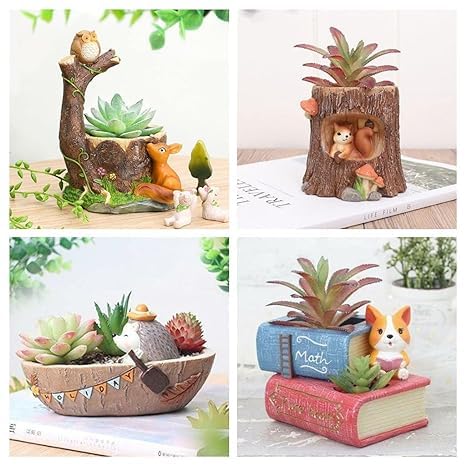 TheDecor24 Handmade Resin Pot Pack of 4 Owl Tree Puppy with Book Boat Tree Shape Resin Pot Design Resin Succulent Pots Resin Planter Succulent Pot Succulent Indoor and Outdoor Pot, Brown (B0CKXVVN1F) Amazon Price History, Amazon Price Tracker