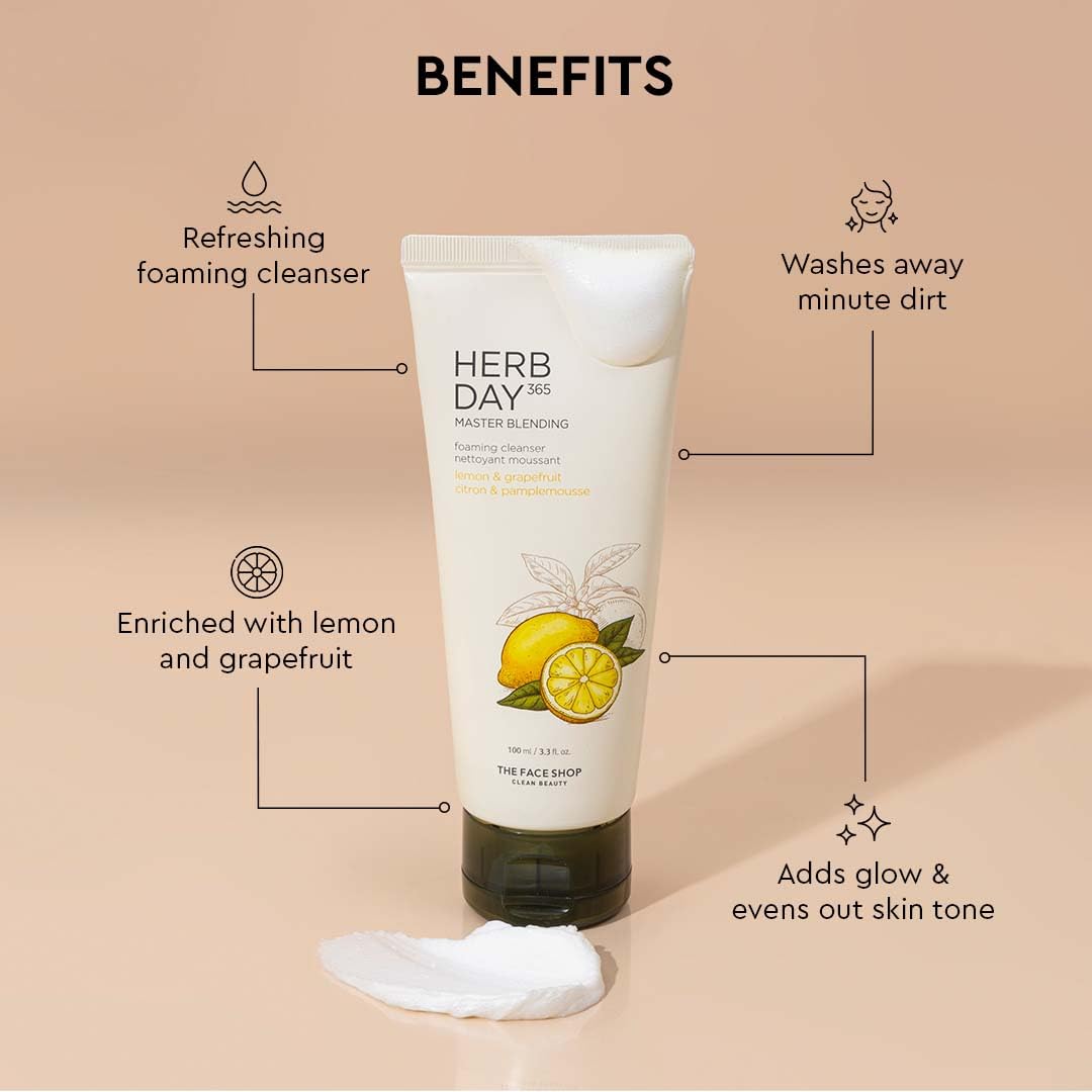 The Face Shop Herb Day 365 Lemon & Grapefruit Face Wash With Vitamin C & Glycolic Acid For Brighter And Glowing Skin | Made in Korea | 100ML 1