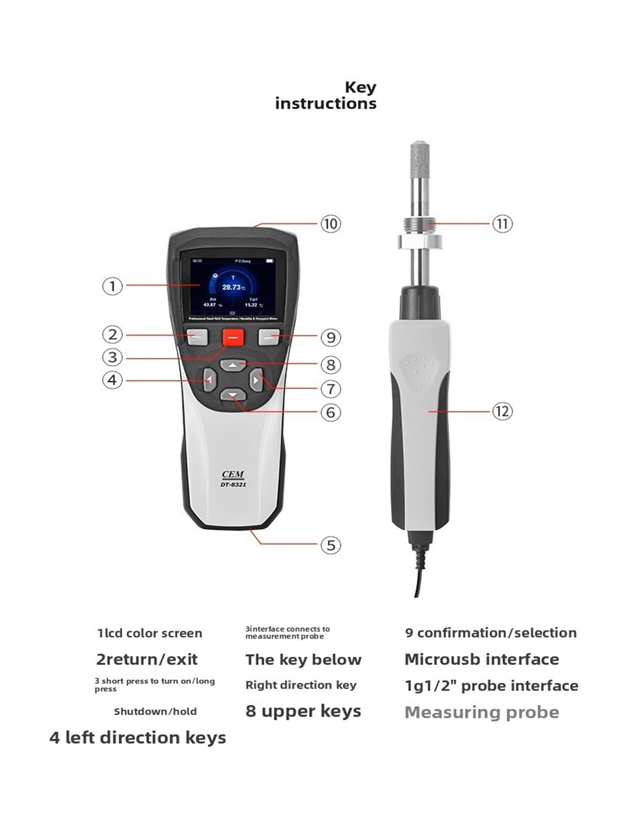 Misuratore di temperatura e umidità Misuratore del punto di rugiada portatile ad alta precisione, calibratore for test di temperatura e umidità del e acqueo DT-8321