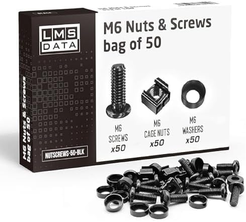 LMS Data M6 Cage Nuts Screws and Washers PACK 50 sets -Assortment Nuts Washers and Bolts Kit for Rack Mount Data Cabinets, Server Shelves Fixing and Installation (Black 50)