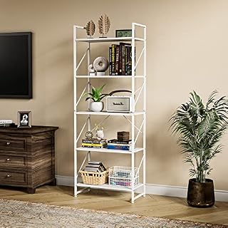 YITAHOME Bookcase 5 Tiers, Floor Standing Book Shelf, Wooden Shelf and Metal Frame Book Rack, Display Storage Rack Shelving Units for Living Room, Home Office - Pure White Bookshelf