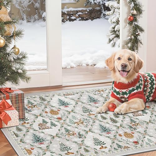 Madane Christmas Area Rug 2x3, Small Washable Grey Entryway Carpet Xmas Holiday Decor Accent Kitchen Non Slip Soft Low Pile Floor Doormat Indoor Throw Rug Entry Bedroom Entrance