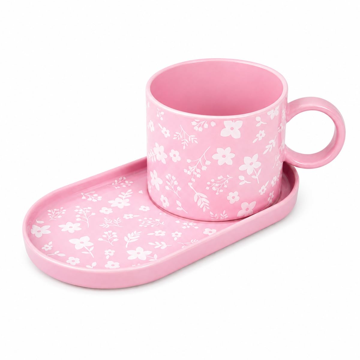 Mad About Mugs Pink Stoneware Mug and Oversized Saucer Set, Floral Tea Coffee Cup with Biscuit Plate, 9cm Mug, 18cm Saucer, Stylish Gift Cup Set for Home Kitchen Drinkware