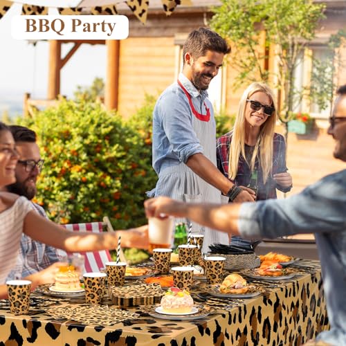 Image of Funnymoom 452 Pcs Leopard Print Party Decoration Cheetah Print Paper Plates Napkins Cups Tablecloth Cutlery Straws Tableware for Jungle Safari Animal Theme Birthday Baby Shower Party Supplies Serve 50