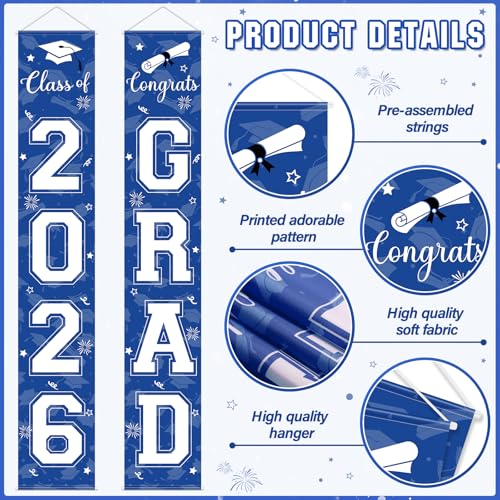 Image of Graduation Party Decorations Class of 2026, Graduation Decorations with Congrats Grad Banner Fringe Foil Curtain Paper Flower Ball Balloons for High School College Grad Party Supplies, Blue