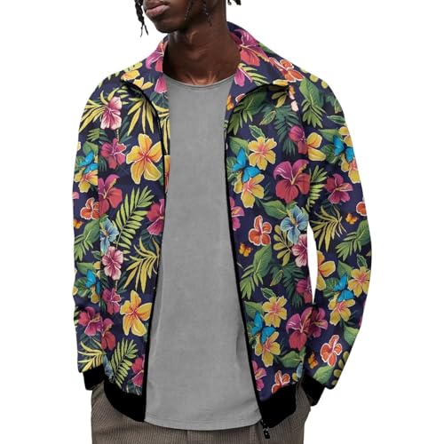 HUGS IDEA Men's Bomber Jacket Tropical Hibiscus Floral Print Casual Varsity Jacket with Pockets Long Sleeve Outwear