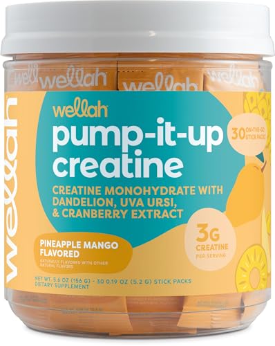 Wellah Creatine for Women (Pineapple Mango) 30 Stick Packs - 3g of Creatine Monohydrate with Dandelion, Uva Ursi, & Cranberry Extract, to-Go Packets