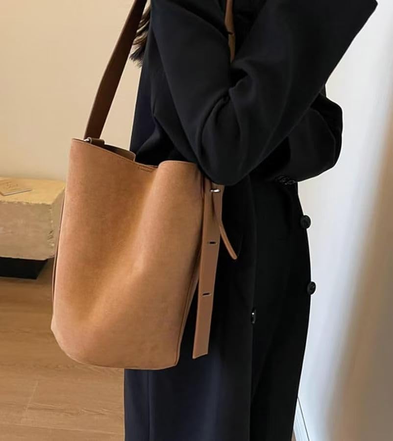 Image of Women Suede Bucket Shoulder Bag Fashion Vegan Leather Slouchy Hobo Bag Office Tote Handbag Crossbody Designer Purse