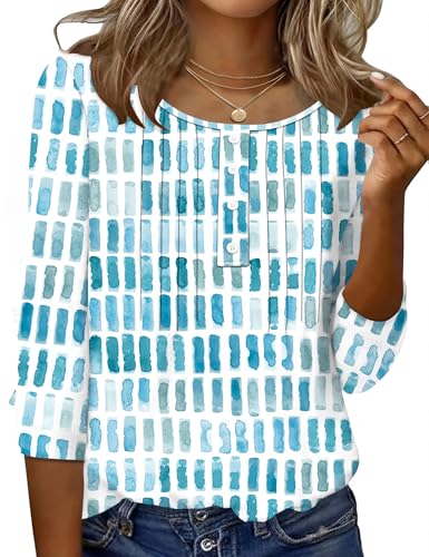 Ivicoer Summer Tops for Women 2026 Vacation Womens 3/4 Sleeve Tops and Blouses Pleated Crewneck Shirts White Blue Floral XL