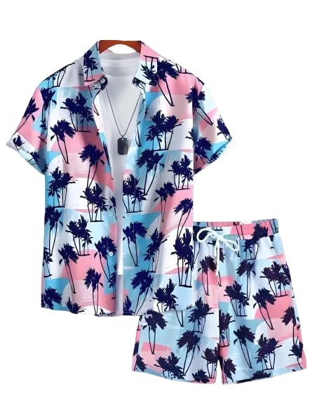 Men’s Printed Co-Ord Set | Plus Size Casual Shirt & Shorts Set | Nightwear Pajama Suit, Loungewear, Beachwear & Vacation Outfit Design No ME_NS Pink Coconut-picture-16