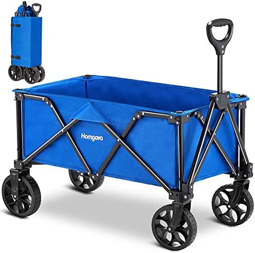 Homgava Collapsible Folding Wagon Cart, Portable Large Capacity Camping Wagon, All Terrain Foldable Wagon, Heavy Duty Utility Wagon Cart for Grocery Outdoor Beach Gardening Shopping Fishing Blue