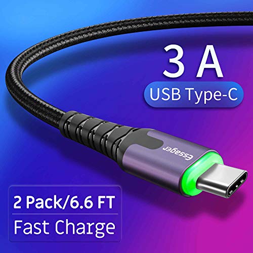 Essager USB Type C Cable Fast Charging with LED Light(3A 2 Pack/6.6FT),i-Dawn Premium Nylon Braided USB C Cord Compatible Samsung Galaxy Note 9,8,S10,S9,S8,Google Pixel 2/3XL -Grey