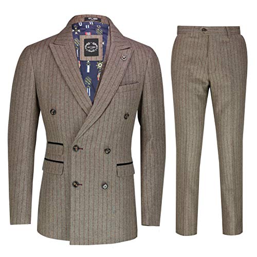 Xposed 3 Pezzi Doppiopetto Vestito Elegante Giacca Sartoriale in Formavintage Gessato Uomo Gilet Pantaloni [SUIT-KYE-BROWN-46UK]
