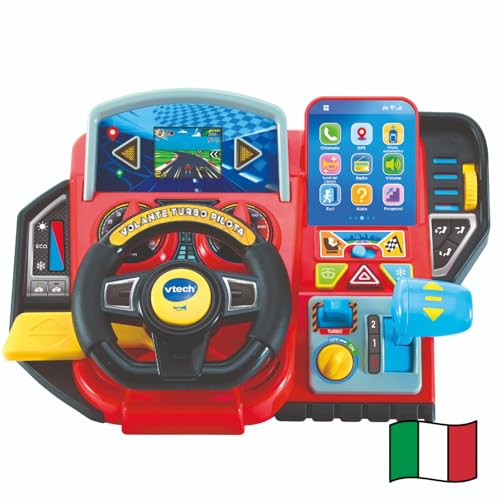 VTech Turbo Pilot-Lenkrad Lenkrad für Kinder mit interaktivem Armaturenbrett über 20 Lernspiele und 9 Schaltungen LCD-Display Hupe und Richtungsanzeige italienische Sprache Batterien im