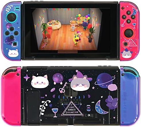 Starry Forest Cute Protective Cases for Nintendo Switch OLED with joycon Stick Covers, Dockable Slim case Cover for Switch OLED Console, Glossy Clear Black Purple Shell (for Regular Switch)