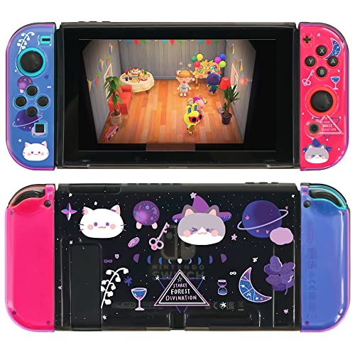 Starry Forest Cute Protective Cases For Nintendo Switch Oled With Joycon Stick Covers, Dockable Slim Case Cover For Switch Oled Console, Glossy Clear Black Purple Shell (For Regular Switch) #TOP1