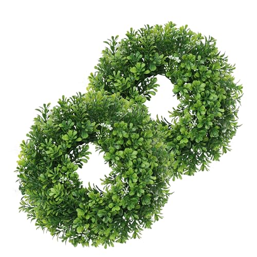 Small Boxwood Wreath for Front Door 10 Boxwood Candle Wreath Set of 2 Greenery Wreaths for Cabinet Wall Window Door Fireplace Party Farmhouse Holiday Decor