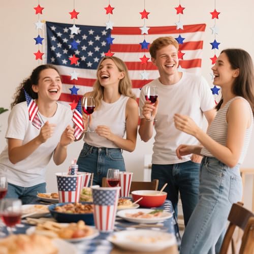 Image of 4th of July 3D Star Garland Streamer, 6 Pack Red White and Blue Garlands, Pre-Assembled 4th of July Star Streamers Decorations, Patriotic Memorial Day Independence Day Banner Party Supplies