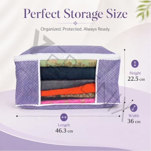 Image of VERVENIX Saree Cover Pack of 12, Large Size, White & Purple Pattern Garment Storage Bags with Zipper & Transparent Window, Dustproof Clothes Cover for Sarees, Suits, Dresses, 46.3 x 36 x 22.5 CM