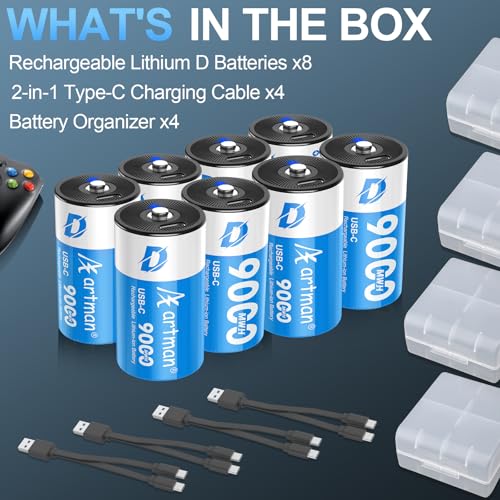 Image of Artman Rechargeable Lithium D Batteries 8 Pack, 9000mWh Rechargeable Lithium-ion D Cell Battery with 4 2-in-1 USB-C Charging Cable, 1.5V Batteries D Size for Floodlight Toys, Water Heater, Gas Stove