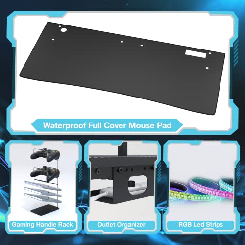 Mr Ironstone Gaming Desk 55 Inch With Led Lights & Power Outlets, Computer Gamer Desk With Full Mouse Pad & Carbon Fiber Surface, Y Shaped Leg Gamer Table With Monitor Stand, Gift For Boys Men #TOP5