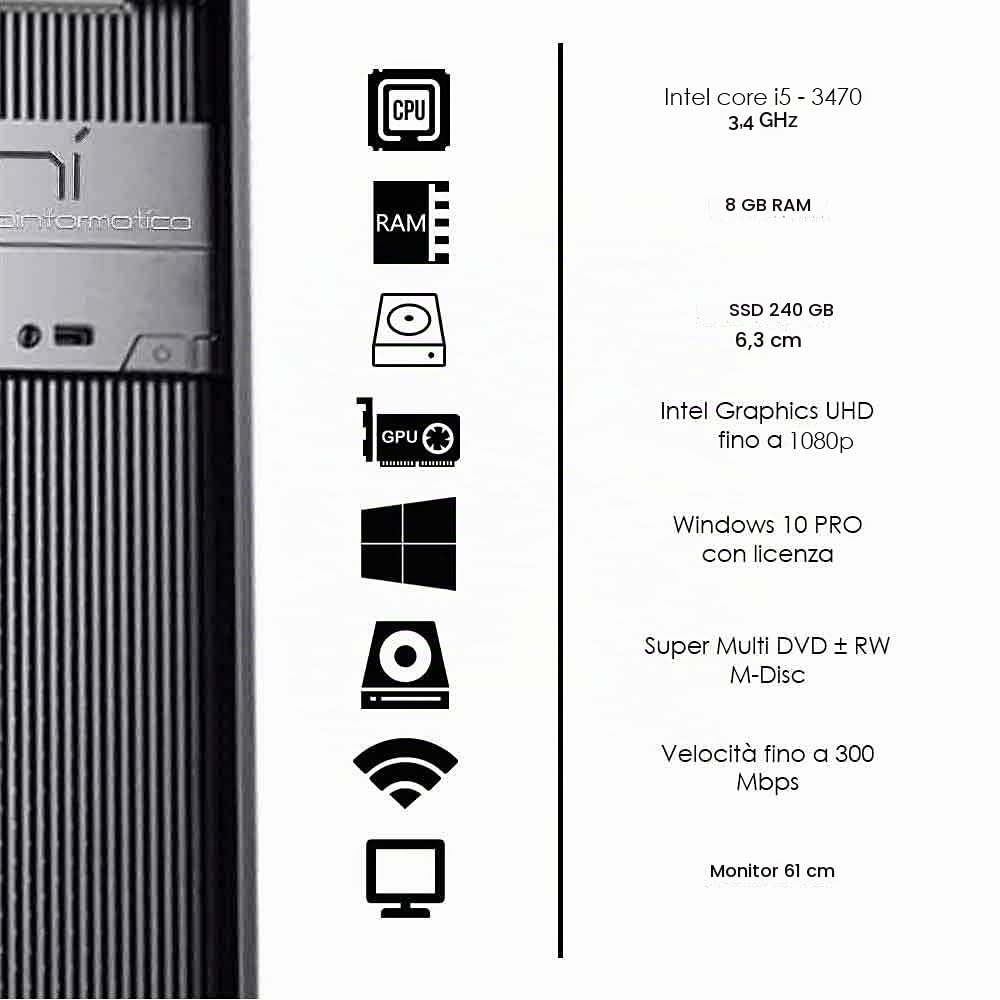 Pc fisso completo di monitor, altoparlanti, mouse, tastiera con core i5 quad-core 8gb ram ddr4 ssd 240gb windows 10 pro con licenza. Comodo tappetino XXL per mouse e tastiera in omaggio.