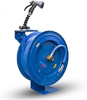 BLUSEAL BSWR5850 Retractable Hose Reel: 50ft 5/8" Hot Water Rubber Hose, 500 PSI, Brass Fittings, 9-Pattern Nozzle