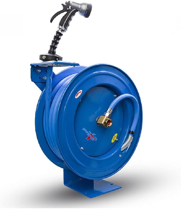 BLUSEAL BSWR5850 Retractable Hose Reel with 5/8" x 50' Hot Water Rubber Hose, 6' Lead-in, 500 PSI, Brass Fittings, Swivel Mount Hose Reel, 9 Pattern Spray Nozzle