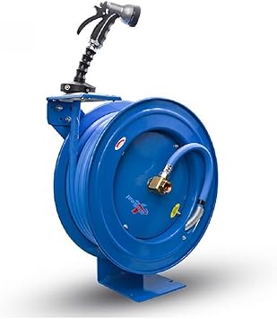 BLUSEAL BSWR5850 Retractable Hose Reel with 5/8" x 50 Hot Water Rubber Hose, 6 Lead-in, 500 PSI, Brass Fittings, Swivel Mount Hose Reel, 9 Pattern Spray Nozzle