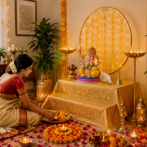 Image of SpecialYou Ganpati Decoration Setup for Home with Round Backdrop Stand for Decor & 5 Yellow Triangle Hangings| Ganpati Decoration Stand for Home | Ganapati Decorations Item (Yellow, 7)