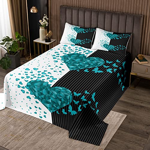 Erosebridal Couple Bedspread Turquoise Love Heart Coverlet Set Crystal Butterfly Quilted for Boys Girls Bedroom Home Decor Romantic Valentine's Day with 2 Pillow Cases King Size Black White Stripe