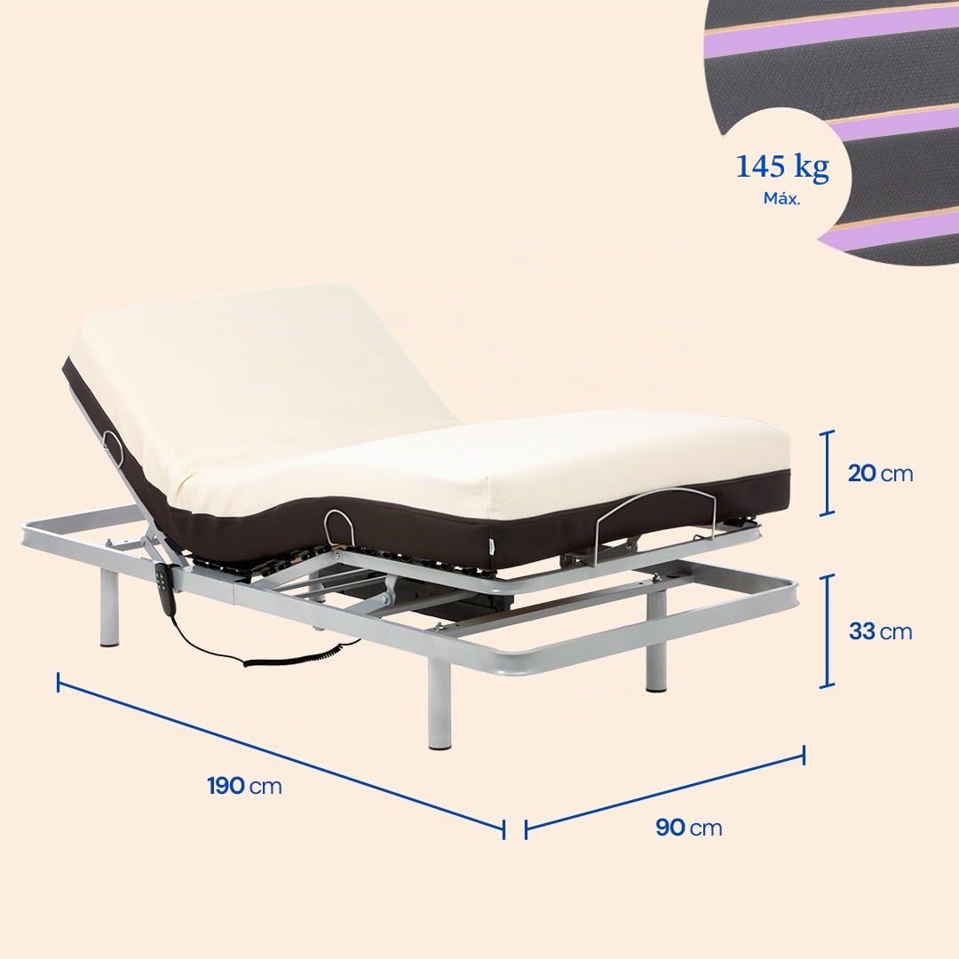Geriafy Cama articulada con colchón viscoelástico Cotton V6 90x190 cm | Colchón ortopédico de 20 cm, funda de algodón, estructura reforzada y fácil montaje