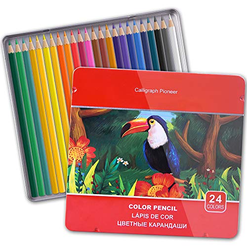 Watercolor Pencils, 24 Colored Pencils for Adult, Artist Pencils Set for Coloring Books, Coloring Assorted Colors of Drawing Sketching, Soft Core, Tin Box, Art Supplies