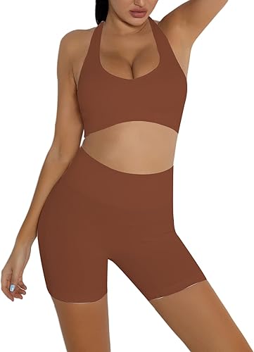 DADAB Conjuntos de entrenamiento de dos piezas para mujer, ropa para gimnasio, yoga, top deportivo sin costuras con espalda nadadora, camisetas sin