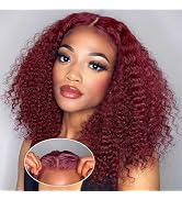 omswet Dark Burgundy 5x5 HD Lace Deep Wave Closure BOB Wig Human Hair Curly Glueless Wigs Human H...