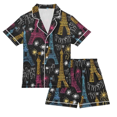 ALAZA New Year Paris Eiffel Tower Pajamas Satin Pajama Set Short Sleeve Button Down Sleepwear