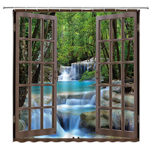 AMFD Waterfall Shower Curtain Nature Scenery 3D Vivid Forest Waterfall Throught Brown Window Creative Green Teal Modern Unique Fabric Bathroom Decor Set Include Hooks,(70" Wx84 H)