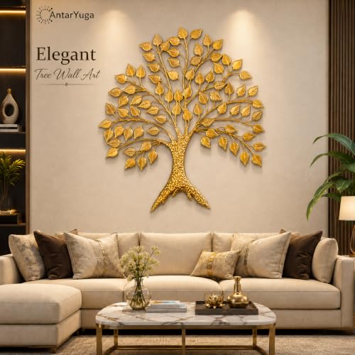 Image of Home & Bazaar Tree of Life Metal Wall Art, Handcrafted Gold Iron Peepal Tree Wall Hanging for Living Room, Bedroom, Office & Entryway, Decorative Wall Decor, 30 x 2 x 27 Inch (76.2 x 5 x 68.6 Cm)