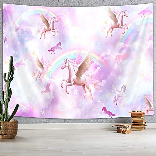 Nymb Unicorn Tapestry Wall Hanging, Fantasy Horses Rainbow Stars With Cute Cloud On Abstarct Pink Backdrop, Bright Color Purple Pink Girl Room Decor Tapestres Wall Art For Bedroom Home #TOP2