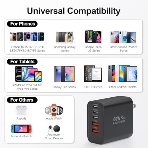 Image of USB C Charger Block, 60W 5-Port Type C Charger Fast Charging Blocks | USBC Multiple Port Wall Charger Plug for iPhone 17 /16 /15 /14 /13 /12 /11 Pro Max, Samsung Galaxy, Android Phone, iPad, Black