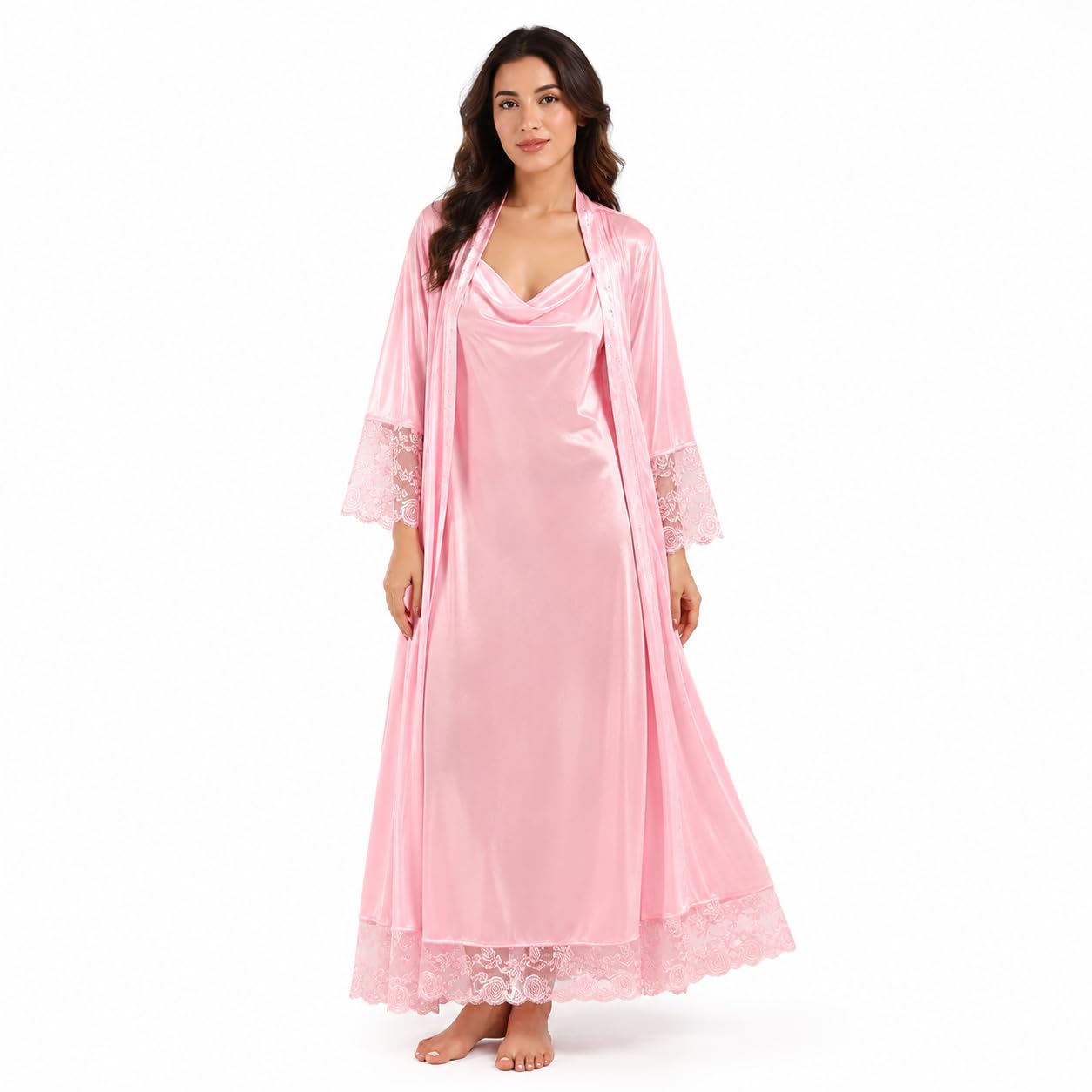 Soft Satin Nightgown Swarvoski Crystals Work Women Nighty with Lace and Robe-image-5