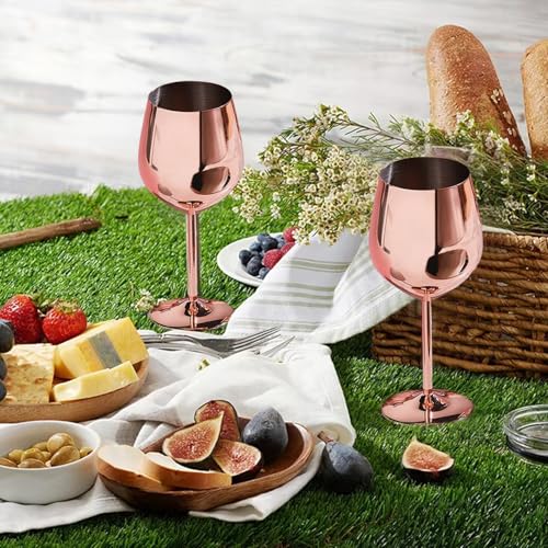TJ Wine Glasses Stainless Steel Set of 2, Unbreakable Wine Glass 17oz, Wine Accessories Cool Wine Glass, Wine Goblets for Outdoor, Travel, House Warming, Valentines, Anniversary, Rose — view 4