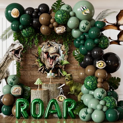 Adeyoo Dinosaur Birthday Party Decorations 133Pcs Green and Black Balloon Arch Kit with ROAR Foil Balloons and Dinosaur Cutouts Jungle Dinosaur Party Supplies for Boys Birthday Baby Shower