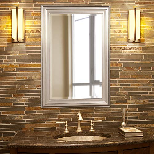 Image of Howard Elliott Collection George Rectangular Bright Silver Wall Mirror, Rectangle Hanging Wood Framed Vanity Mirrors for Home Decor, Living Room, Bathroom, Bedroom, or Hallway, 24 x 36 Inch