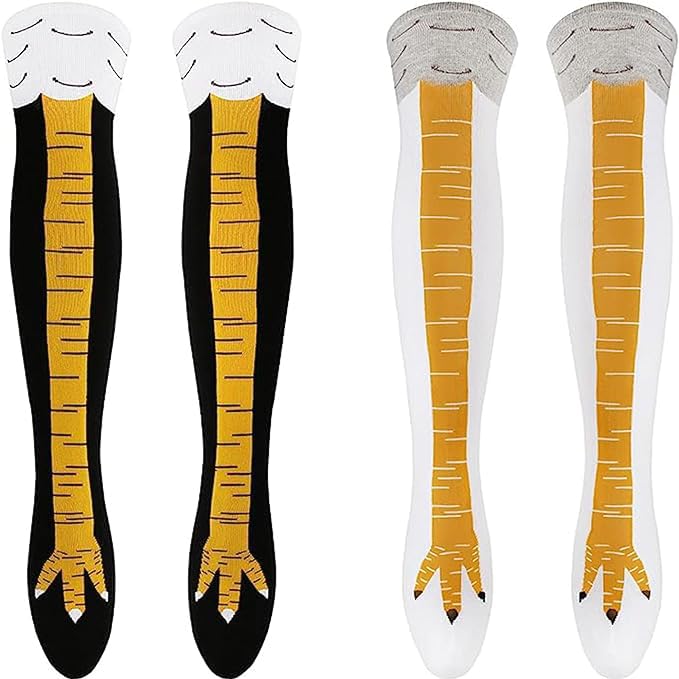 LATRAT 2 Pares de Calcetines de Pie de Gallina Hasta la Rodilla, de Pájaro y Patas de Gallo para Halloween - Mujeres y Niñas - Negro, Blanco, Negro + Amarillo