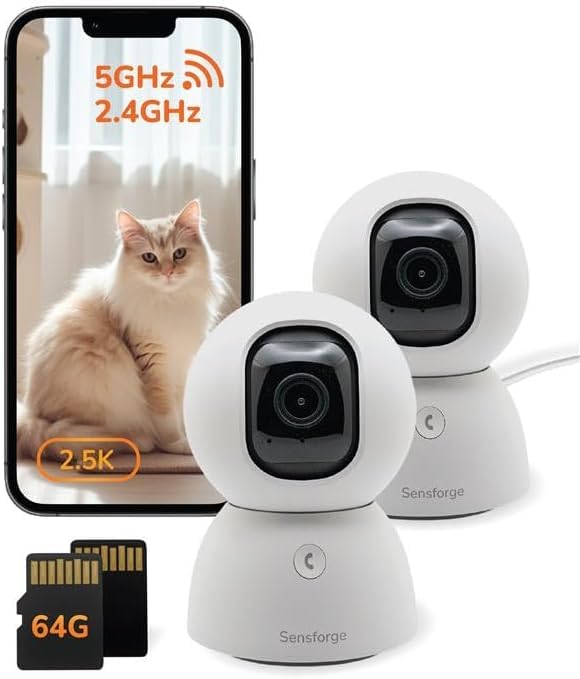 Sensforge 2.5K White Indoor Pan-Tilt Dome Security Camera (2-Pack), AI Human & Pet Detection, 360° Coverage, Two-Way Audio, Dual-Band Wi-Fi (2.4G/5G), 64GB SD Card Included, No Monthly Fees