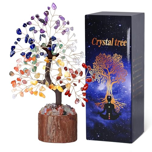 QINJIEJIE Chakra Kristallbaum Lebensbaum Feng Shui Geldbaum für Positive Energie, Handgemachte Schreibtisch Deko, Spirituelles Geschenk für Frauen und Männer als Baum des Lebens