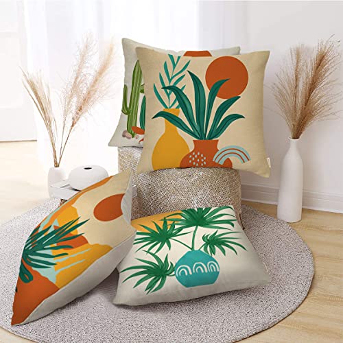 Fahrendom Boho Abstract Plant Leaf Sun Decorative Throw Pillow Cover 18X18 Set Of 4, Bohemian Nature Sunrise Mountain Tropical Cactus Home Decor, Minimalist Aesthetic Modern Art Outdoor Cushion Case #TOP4