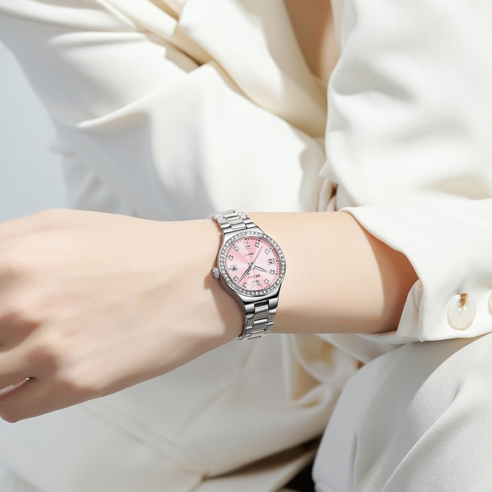 OLEVS Damen-Armbanduhr, Diamant, modisch, analog, Quarz, Edelstahl, wasserdicht, leuchtend, zweifarbig, Armbanduhr für Damen