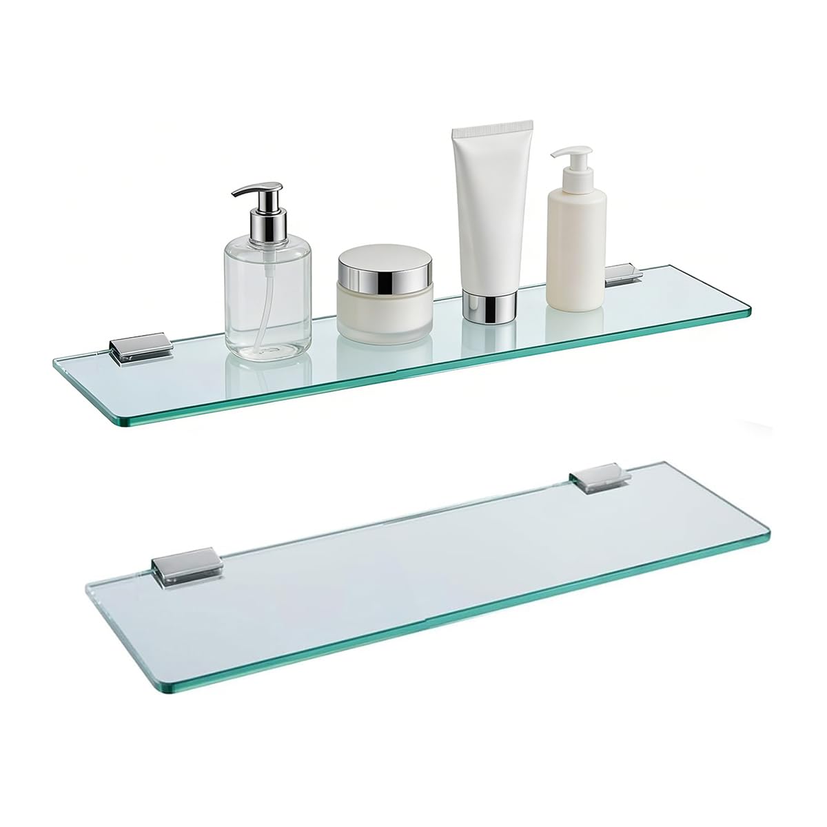Estantes de Ducha de Vidrio Templado de 8 mm Estante de Pared de Cristal de Acero Inoxidable Soporte Cromado para Baño y Cocina （35CM-2PC）